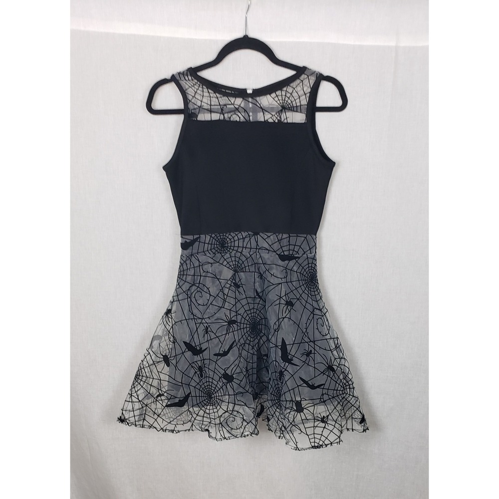 Spirit Halloween Womens Black Spiderweb Bat Mesh Fit Flare Goth Dress Costume S